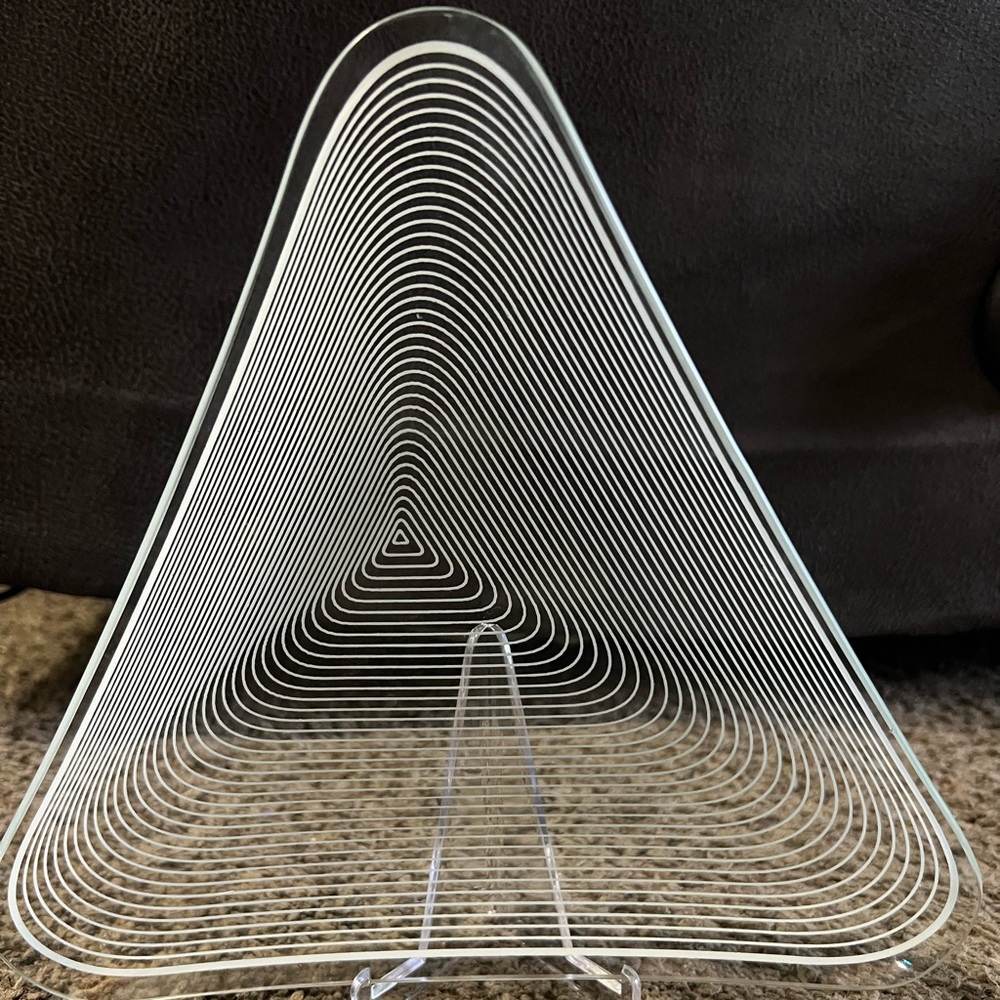 1960s mid century Lausitzer Crystal Etch OP Art Bent dish. Concentric Triangle